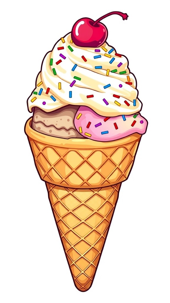 An ice cream cone drawing with a waffle cone and a scoop of ice cream topped with sprinkles and a cherry.